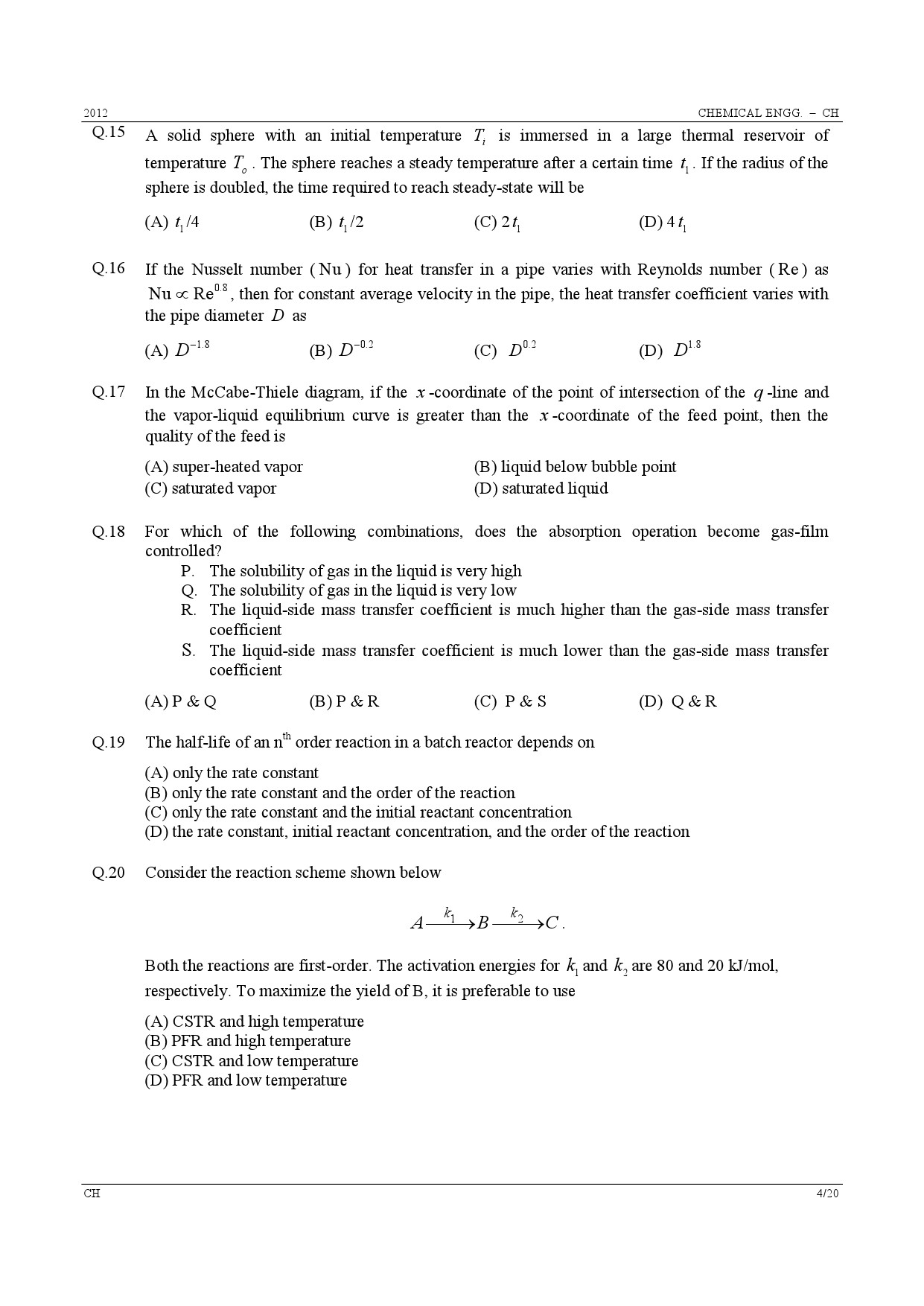 GATE Exam Question Paper 2012 Chemical Engineering 4