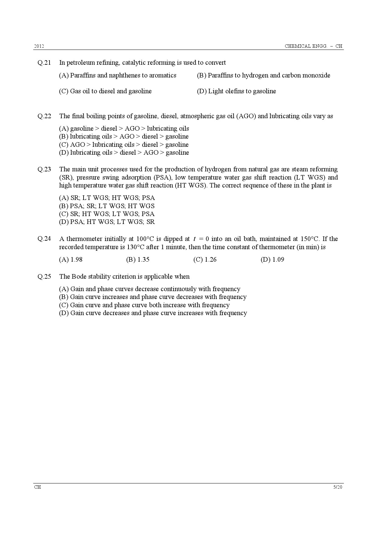 GATE Exam Question Paper 2012 Chemical Engineering 5