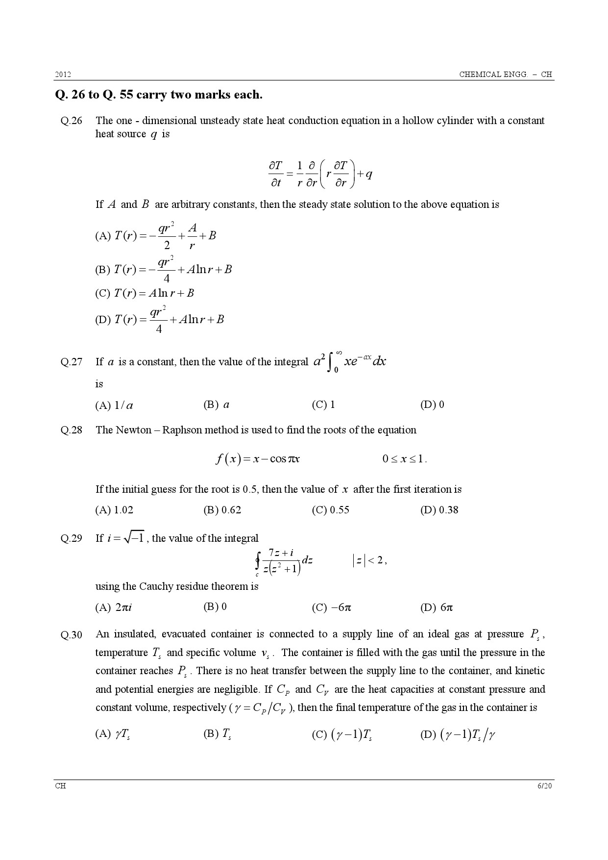 GATE Exam Question Paper 2012 Chemical Engineering 6