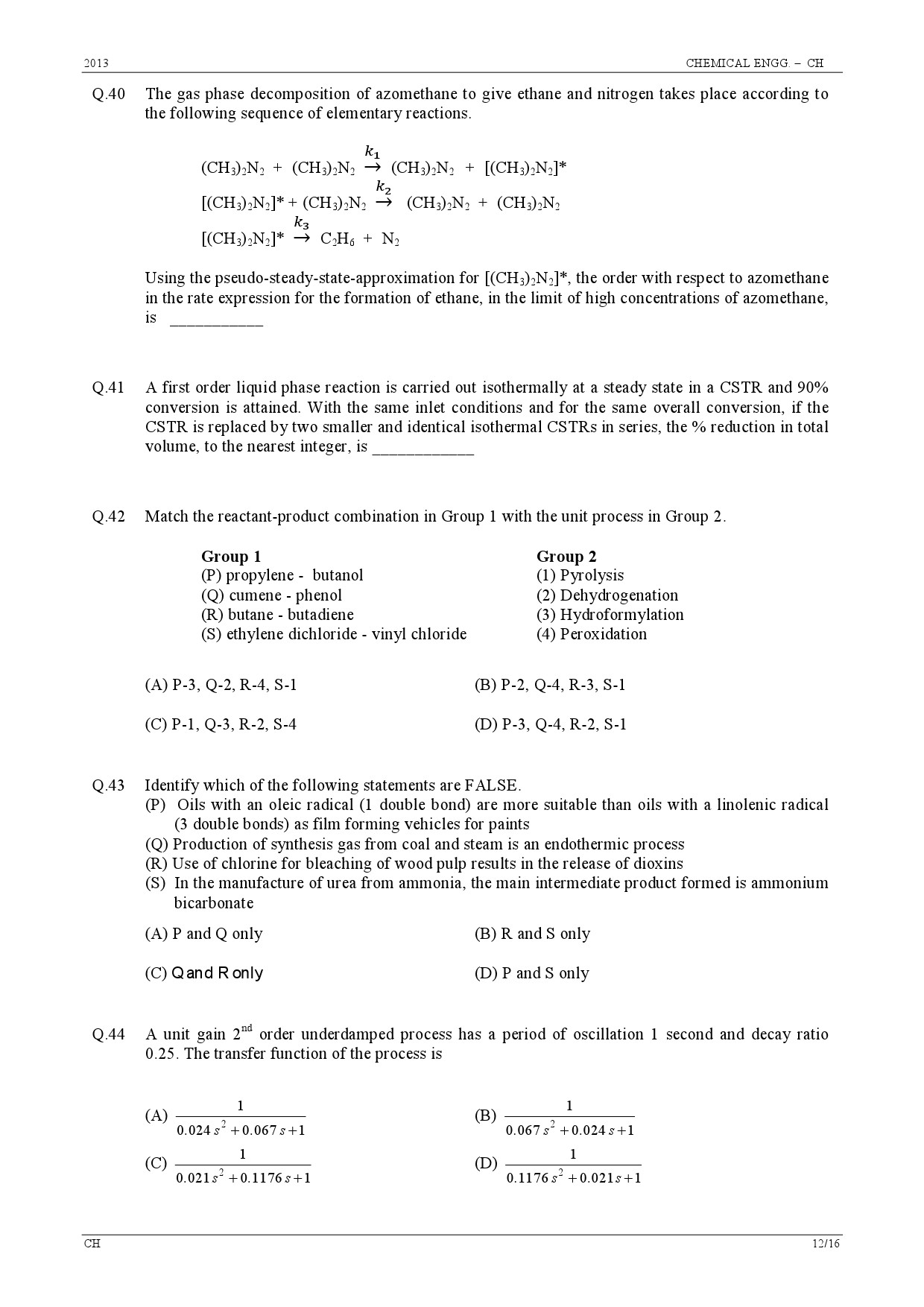 GATE Exam Question Paper 2013 Chemical Engineering 12