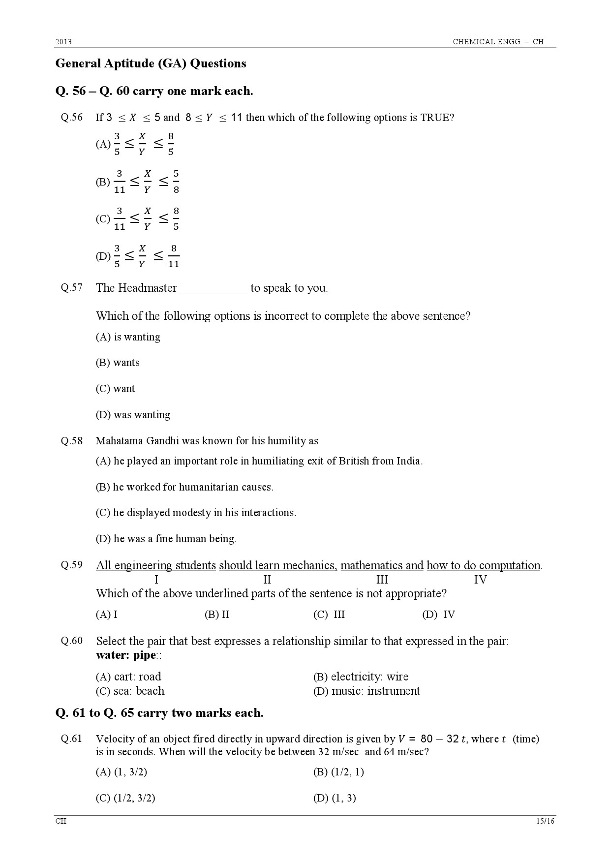 GATE Exam Question Paper 2013 Chemical Engineering 15