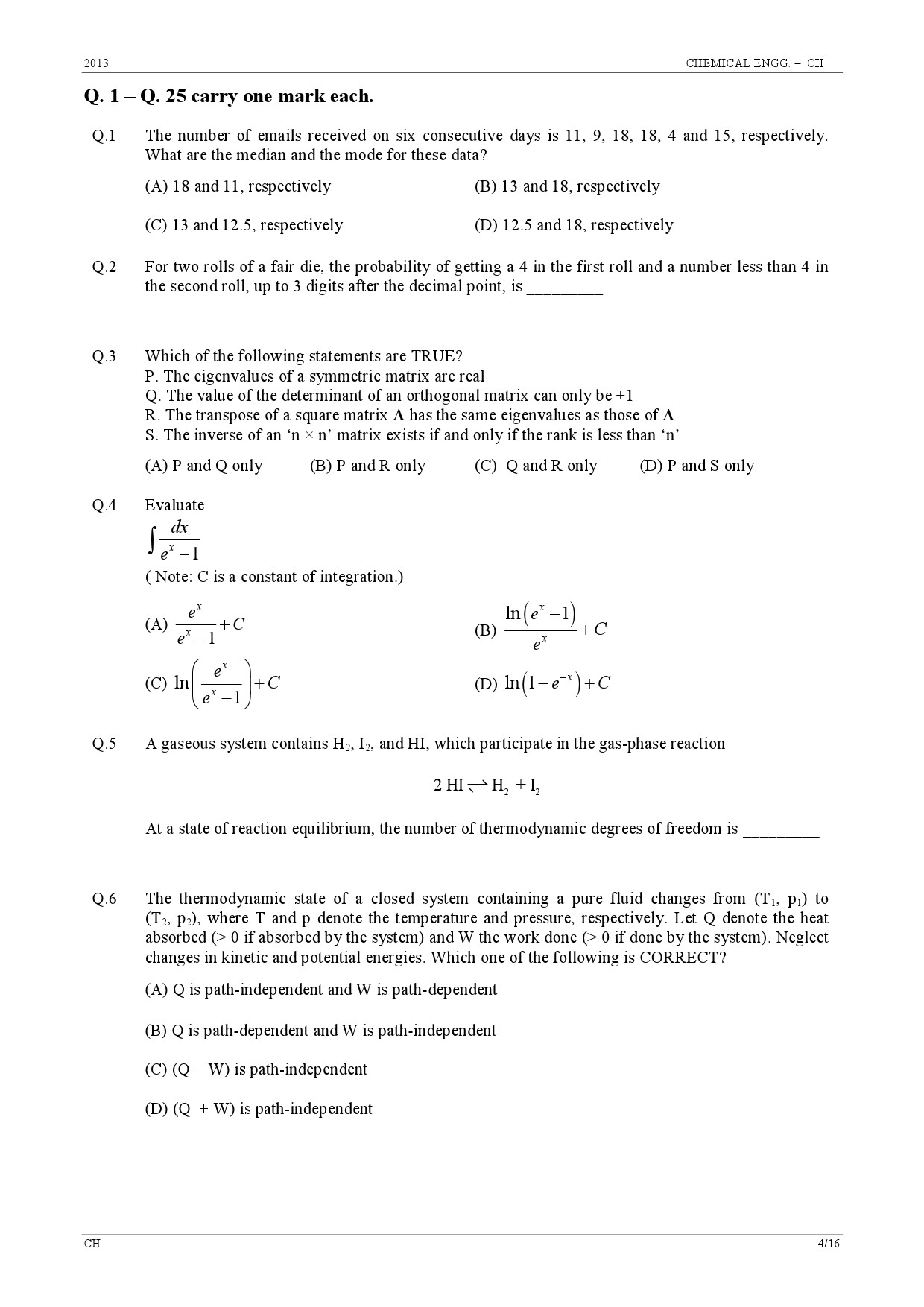 GATE Exam Question Paper 2013 Chemical Engineering 4