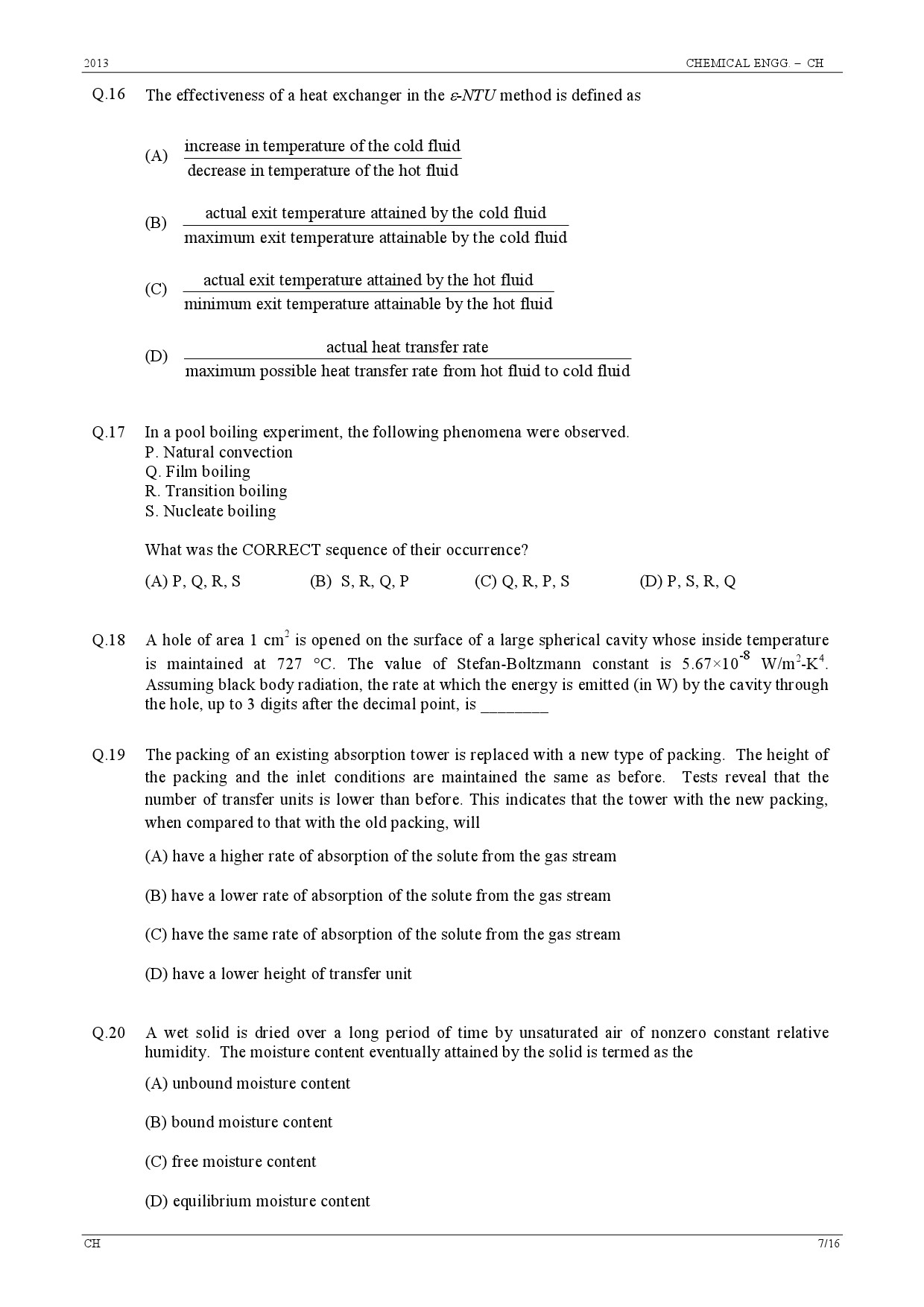 GATE Exam Question Paper 2013 Chemical Engineering 7