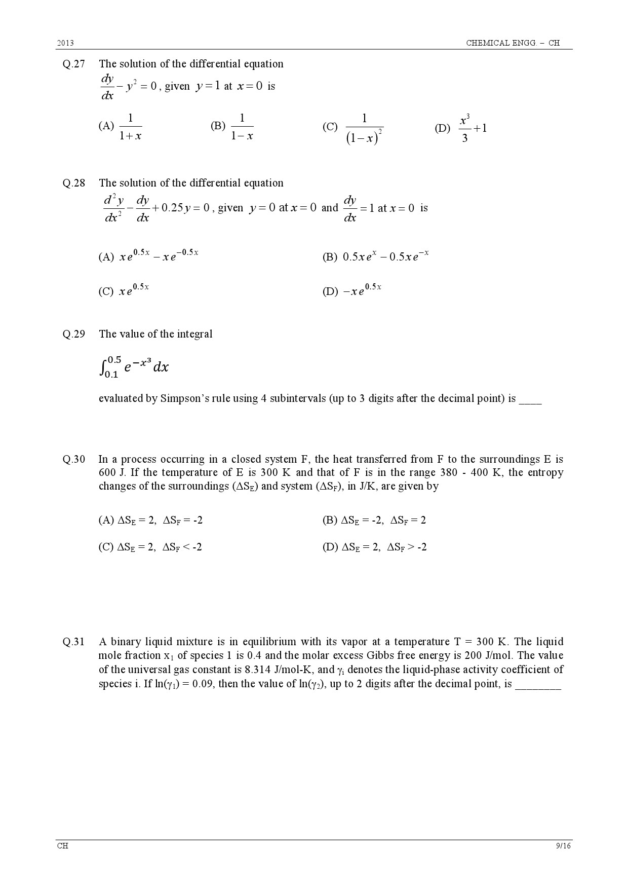 GATE Exam Question Paper 2013 Chemical Engineering 9