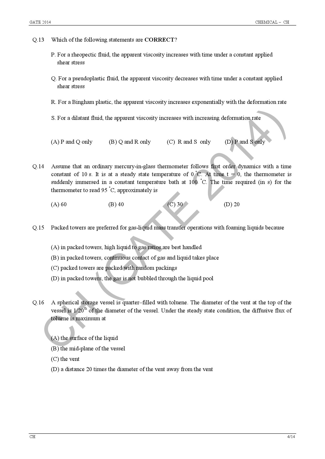 GATE Exam Question Paper 2014 Chemical Engineering 10