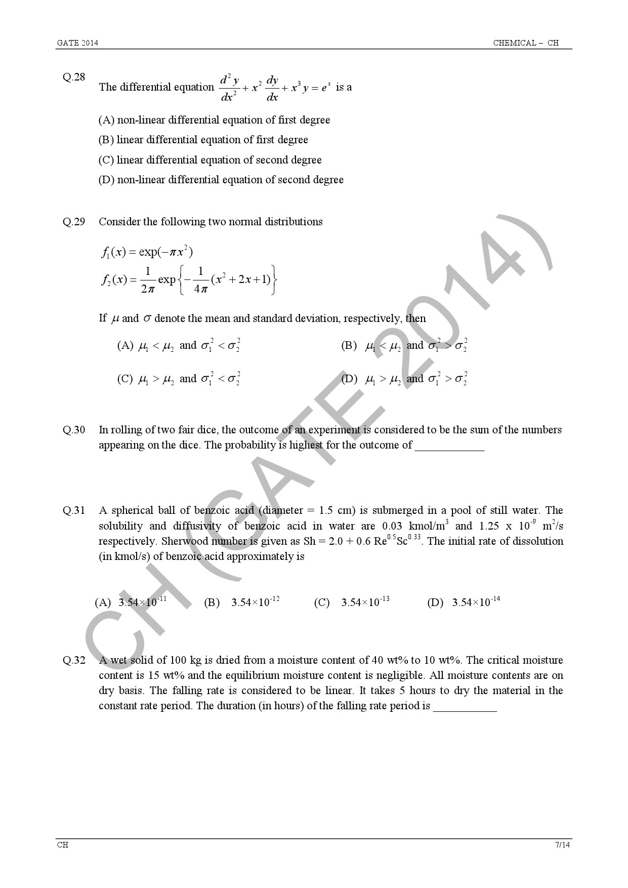 GATE Exam Question Paper 2014 Chemical Engineering 13