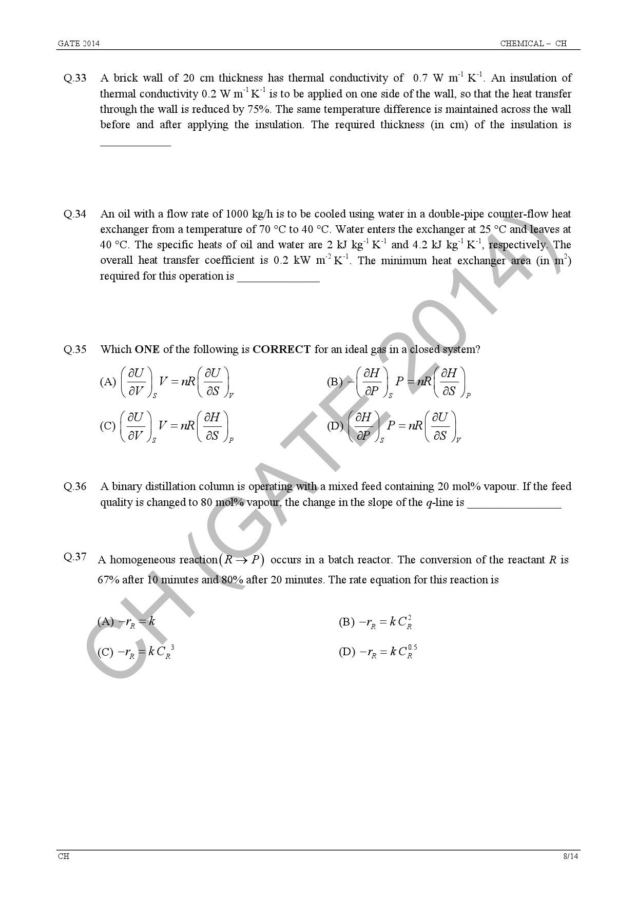 GATE Exam Question Paper 2014 Chemical Engineering 14