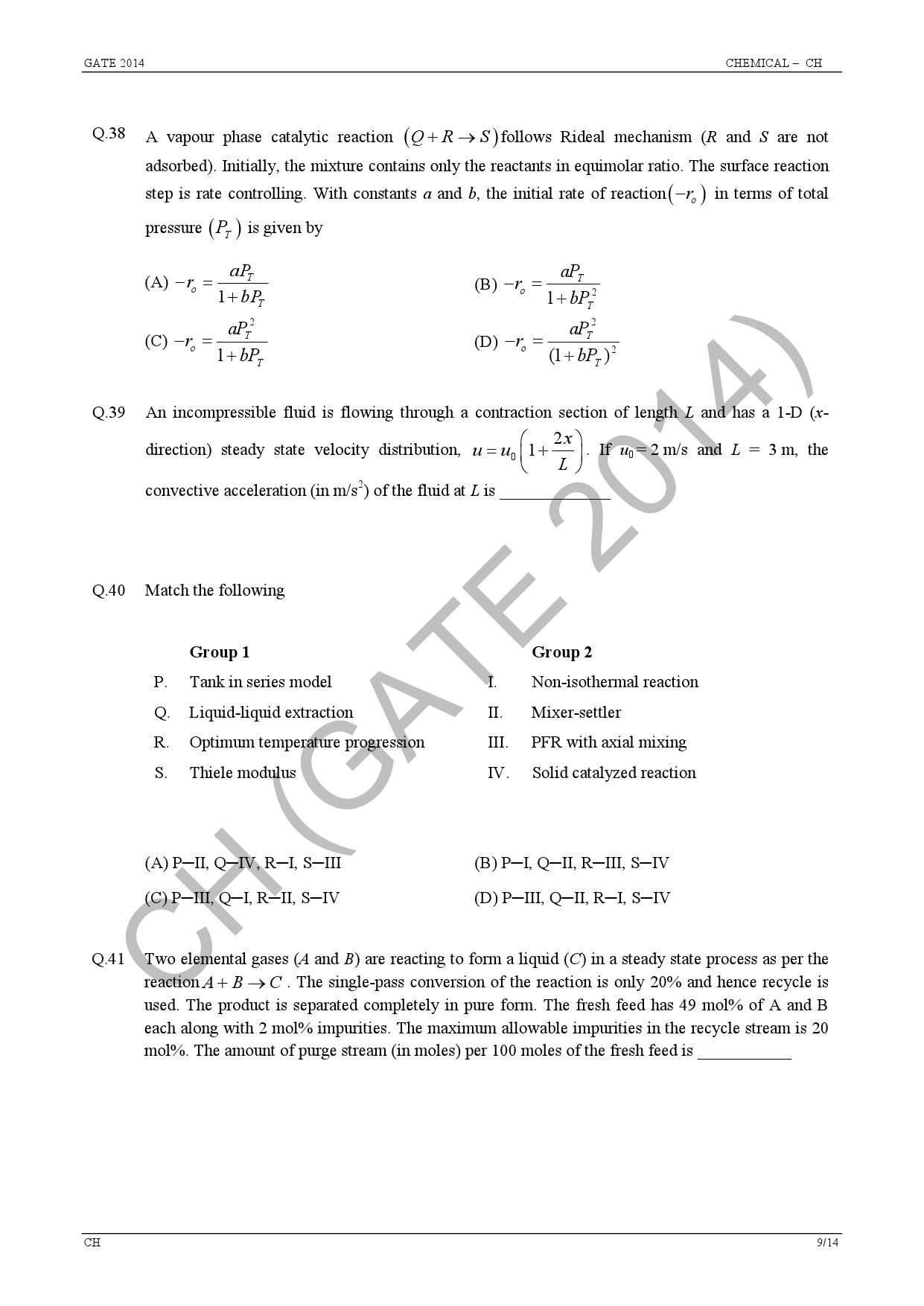 GATE Exam Question Paper 2014 Chemical Engineering 15