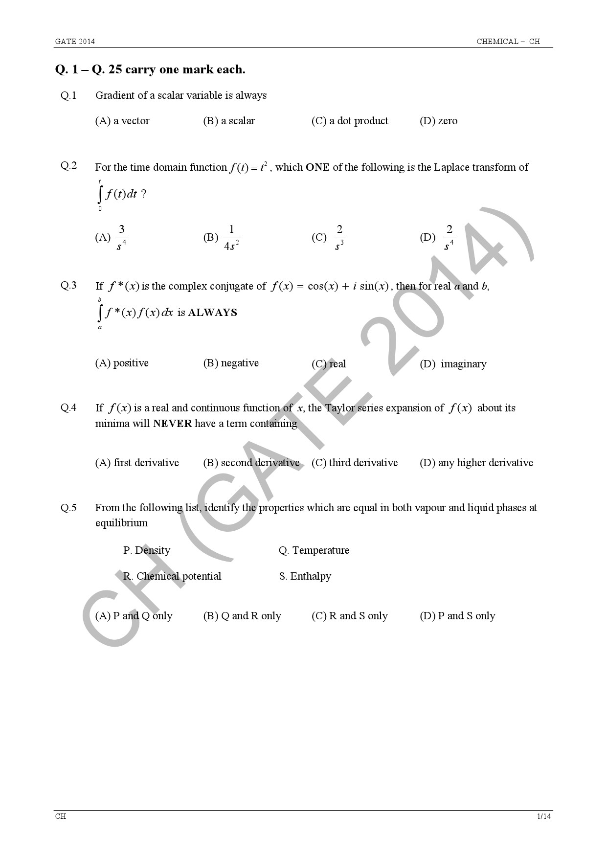 GATE Exam Question Paper 2014 Chemical Engineering 7