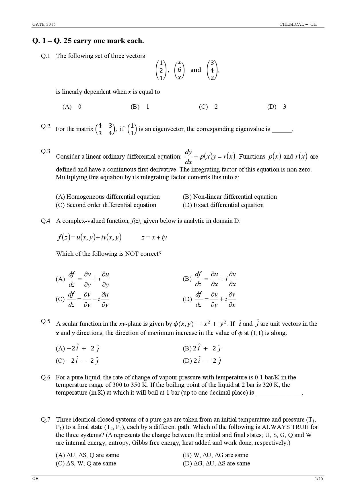 GATE Exam Question Paper 2015 Chemical Engineering 1