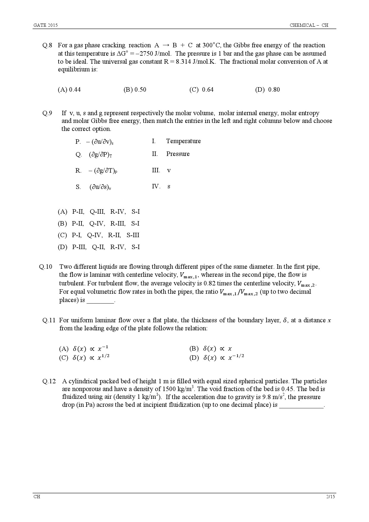 GATE Exam Question Paper 2015 Chemical Engineering 2