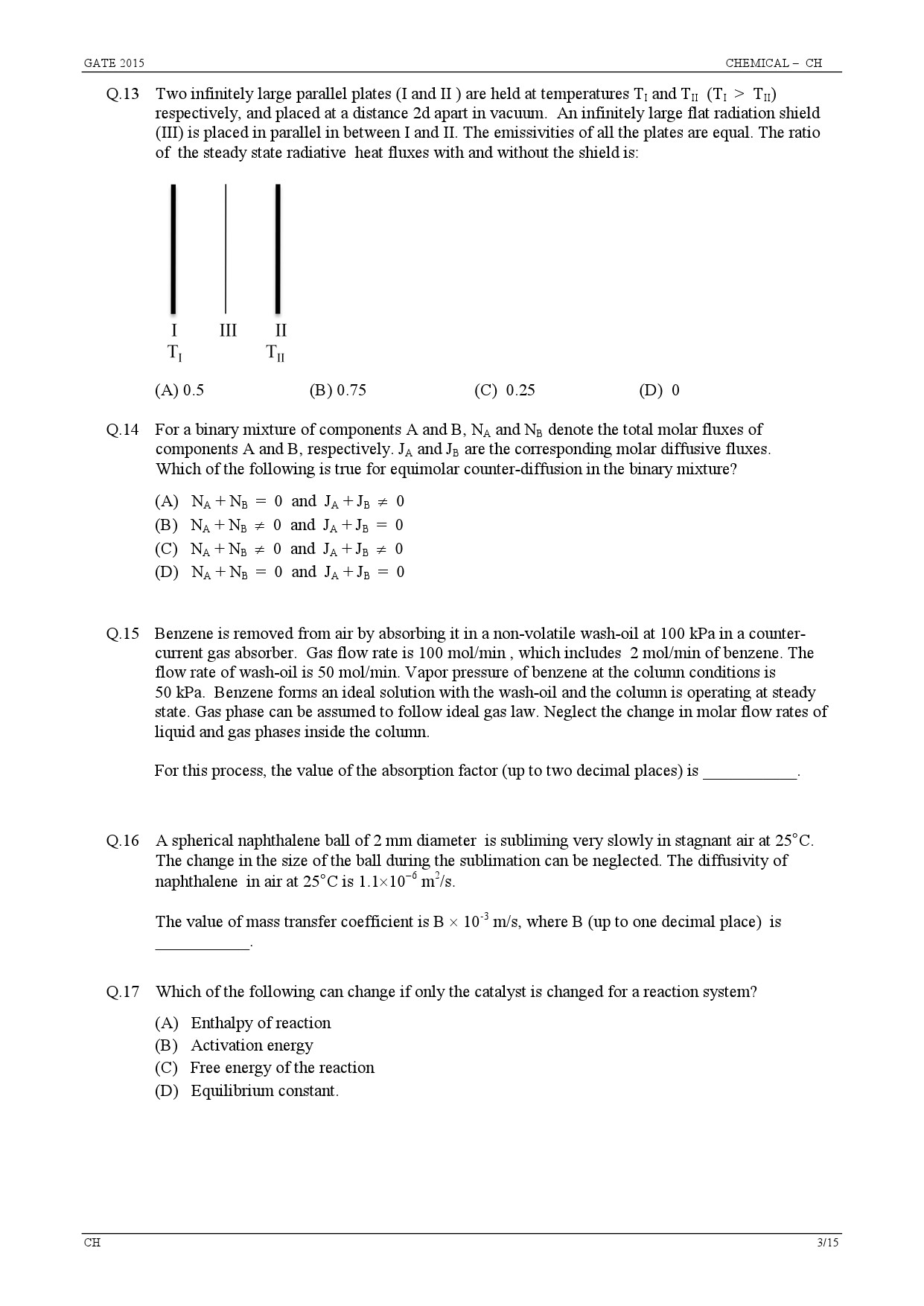 GATE Exam Question Paper 2015 Chemical Engineering 3