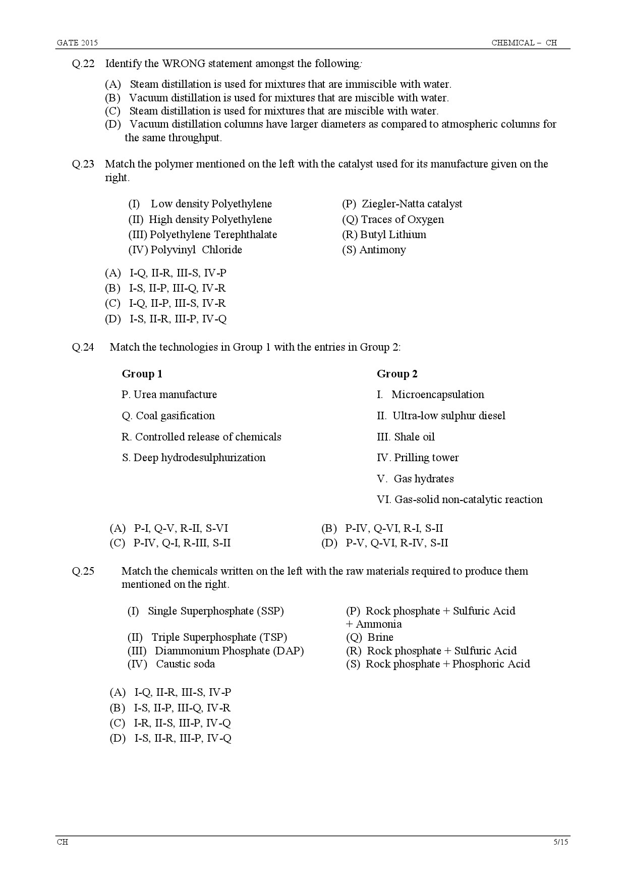 GATE Exam Question Paper 2015 Chemical Engineering 5