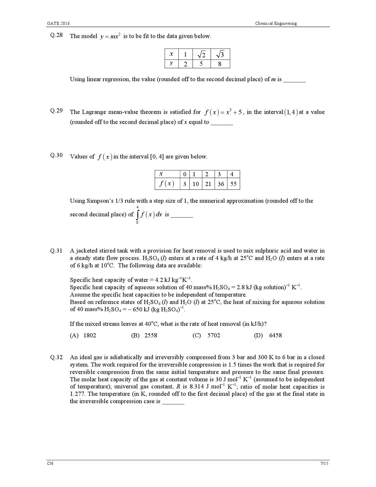 GATE Exam Question Paper 2016 Chemical Engineering 10