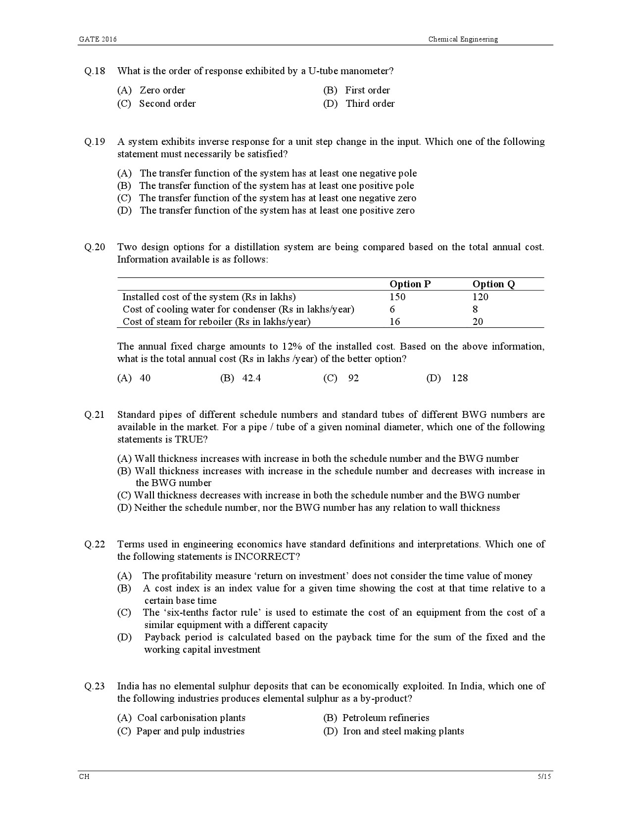 GATE Exam Question Paper 2016 Chemical Engineering 8