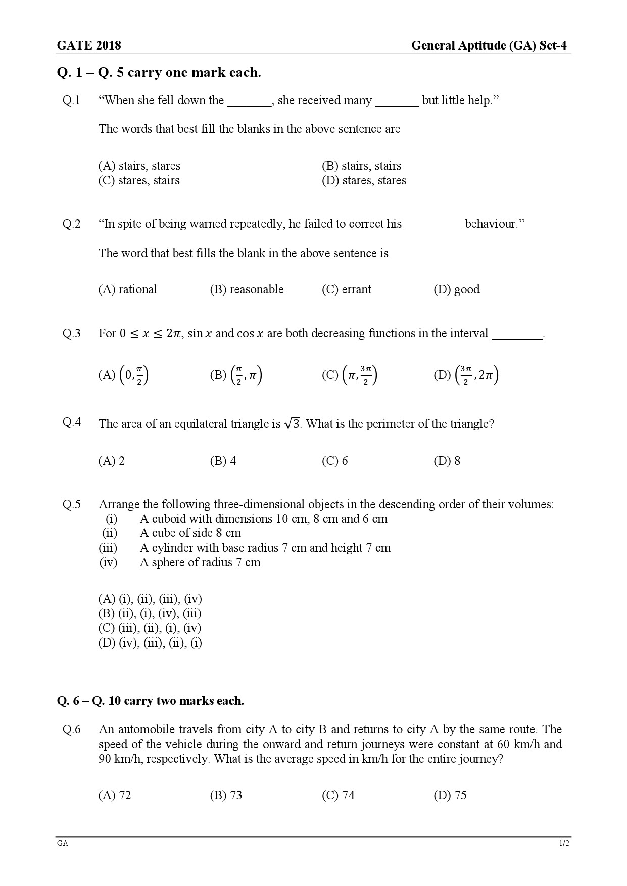 GATE Exam Question Paper 2018 Chemical Engineering 1