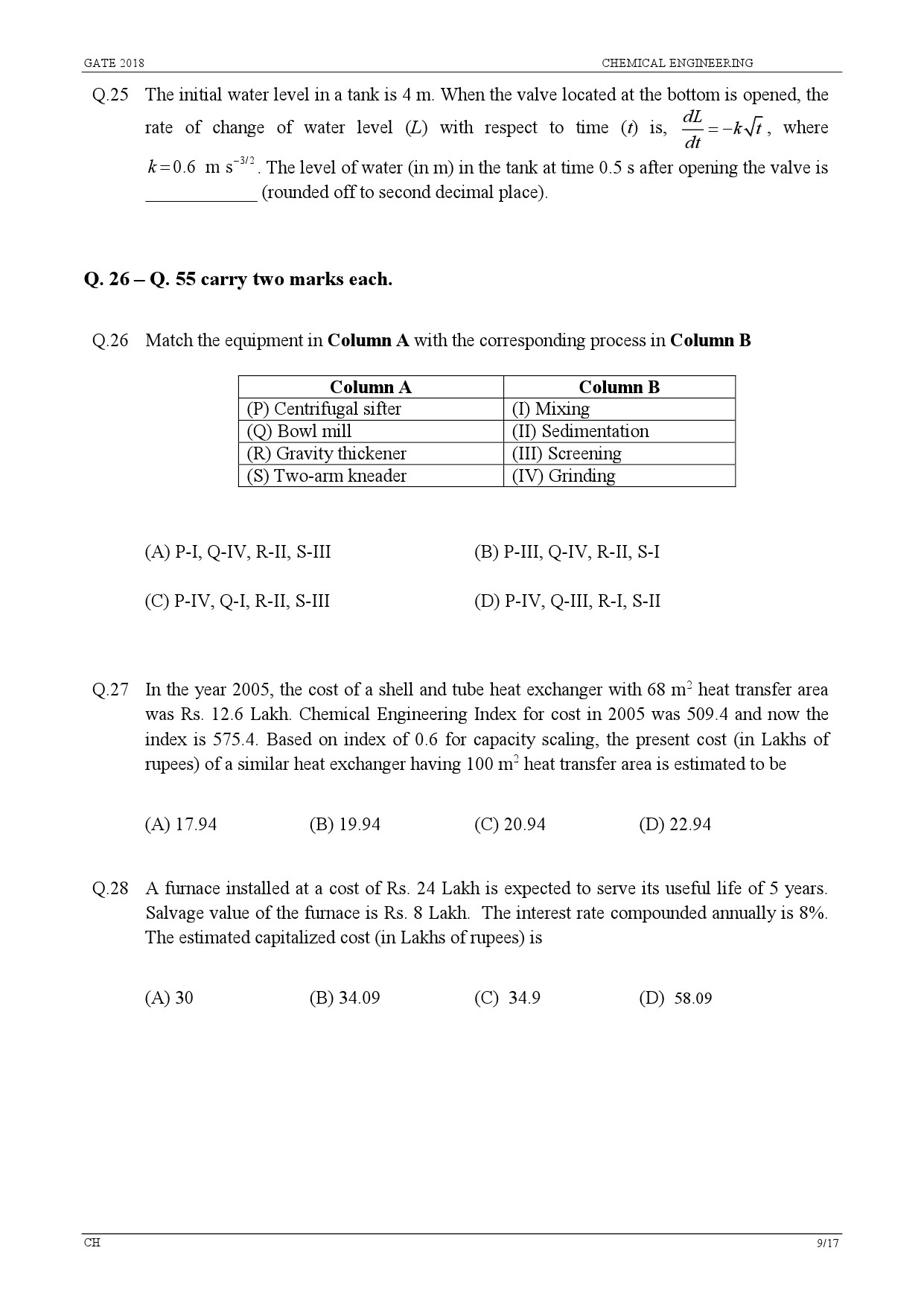 GATE Exam Question Paper 2018 Chemical Engineering 11