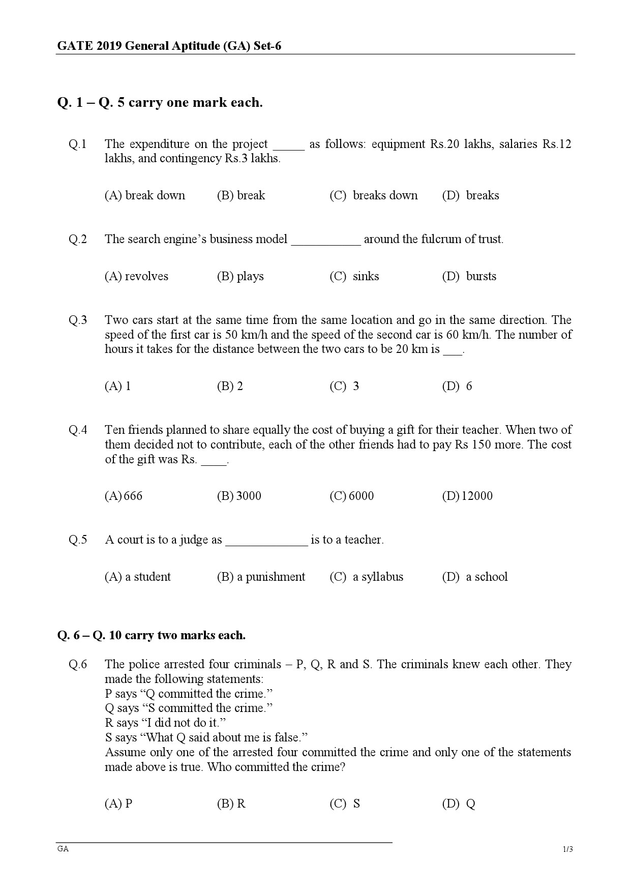 GATE Exam Question Paper 2019 Chemical Engineering 1