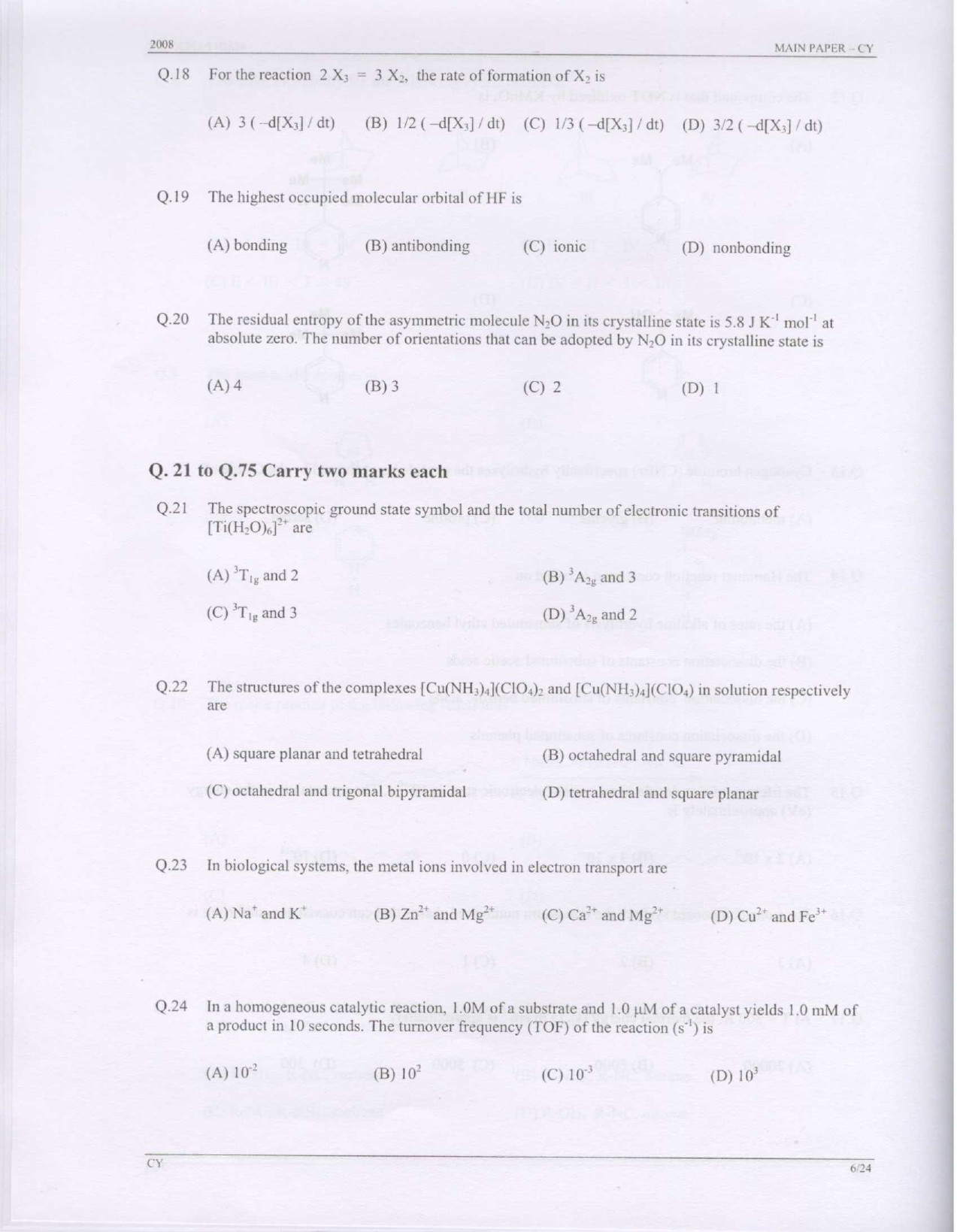 GATE Exam Question Paper 2008 Chemistry 6