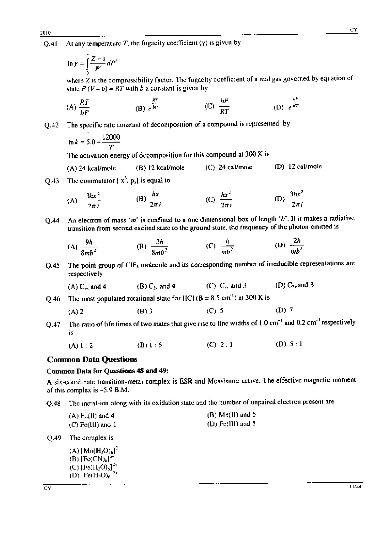 GATE Exam Question Paper 2010 Chemistry 11