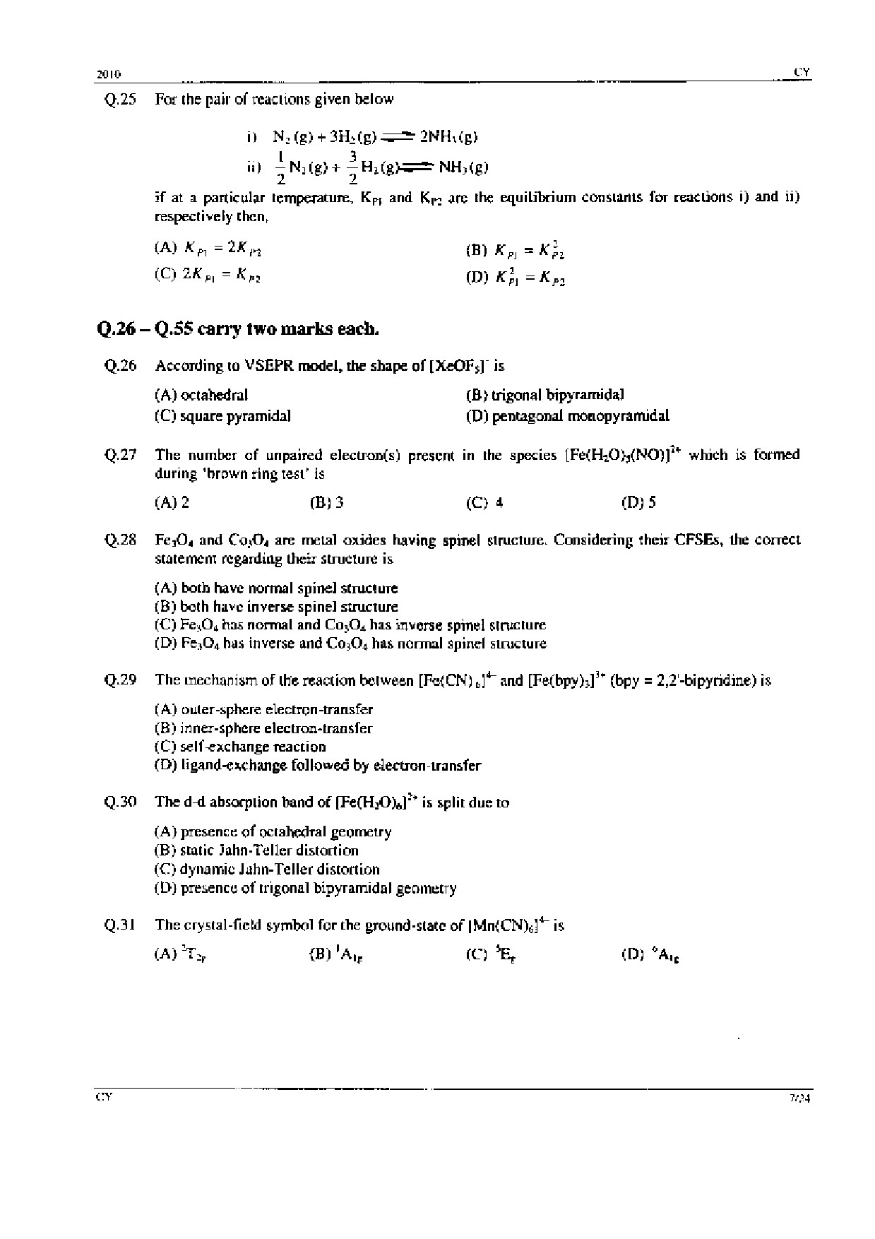 GATE Exam Question Paper 2010 Chemistry 7