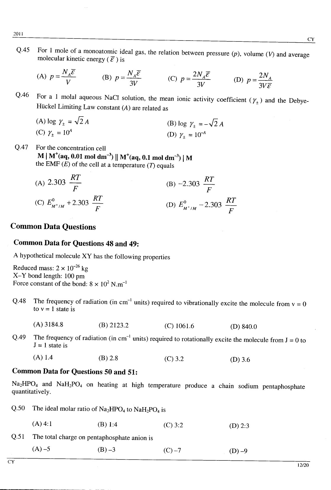 GATE Exam Question Paper 2011 Chemistry 12