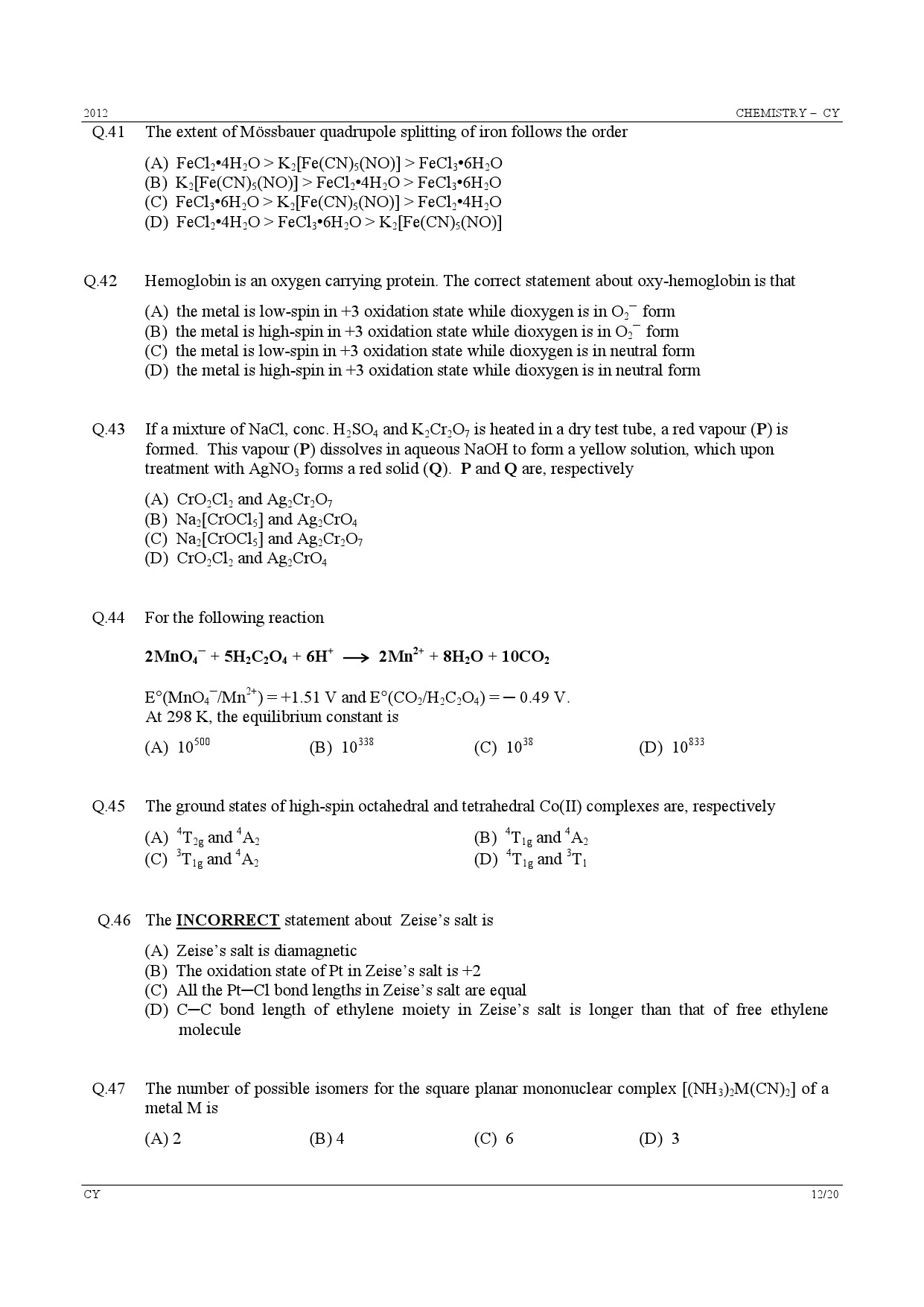 GATE Exam Question Paper 2012 Chemistry 12