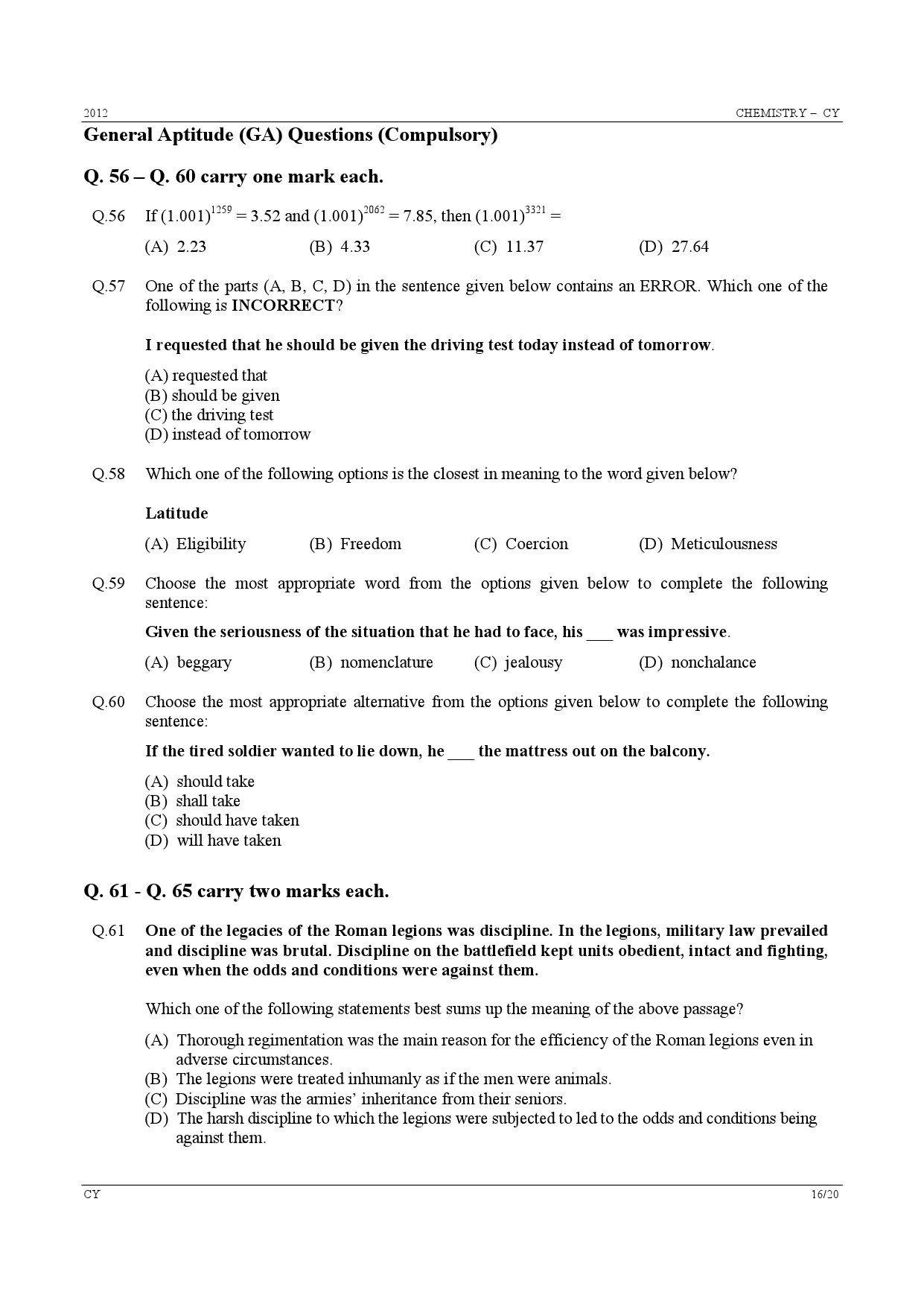 GATE Exam Question Paper 2012 Chemistry 16