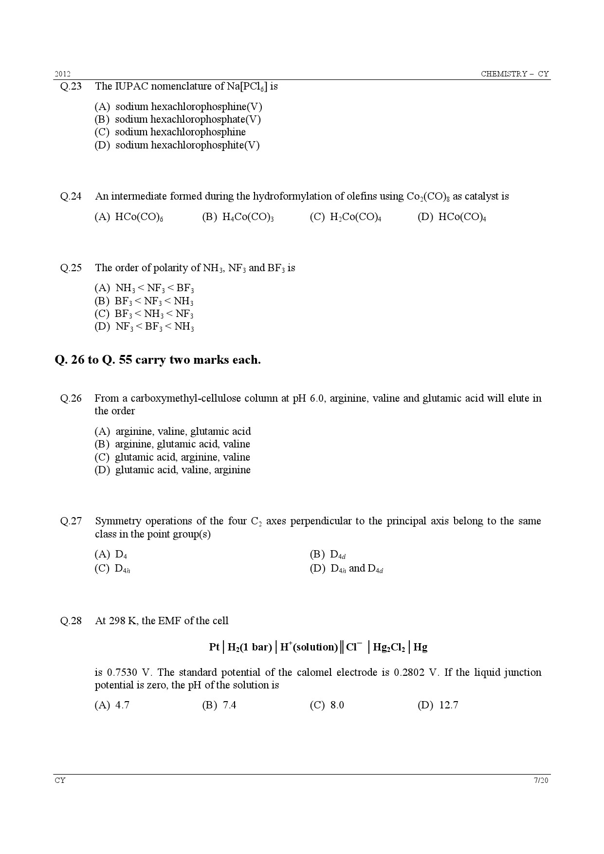 GATE Exam Question Paper 2012 Chemistry 7