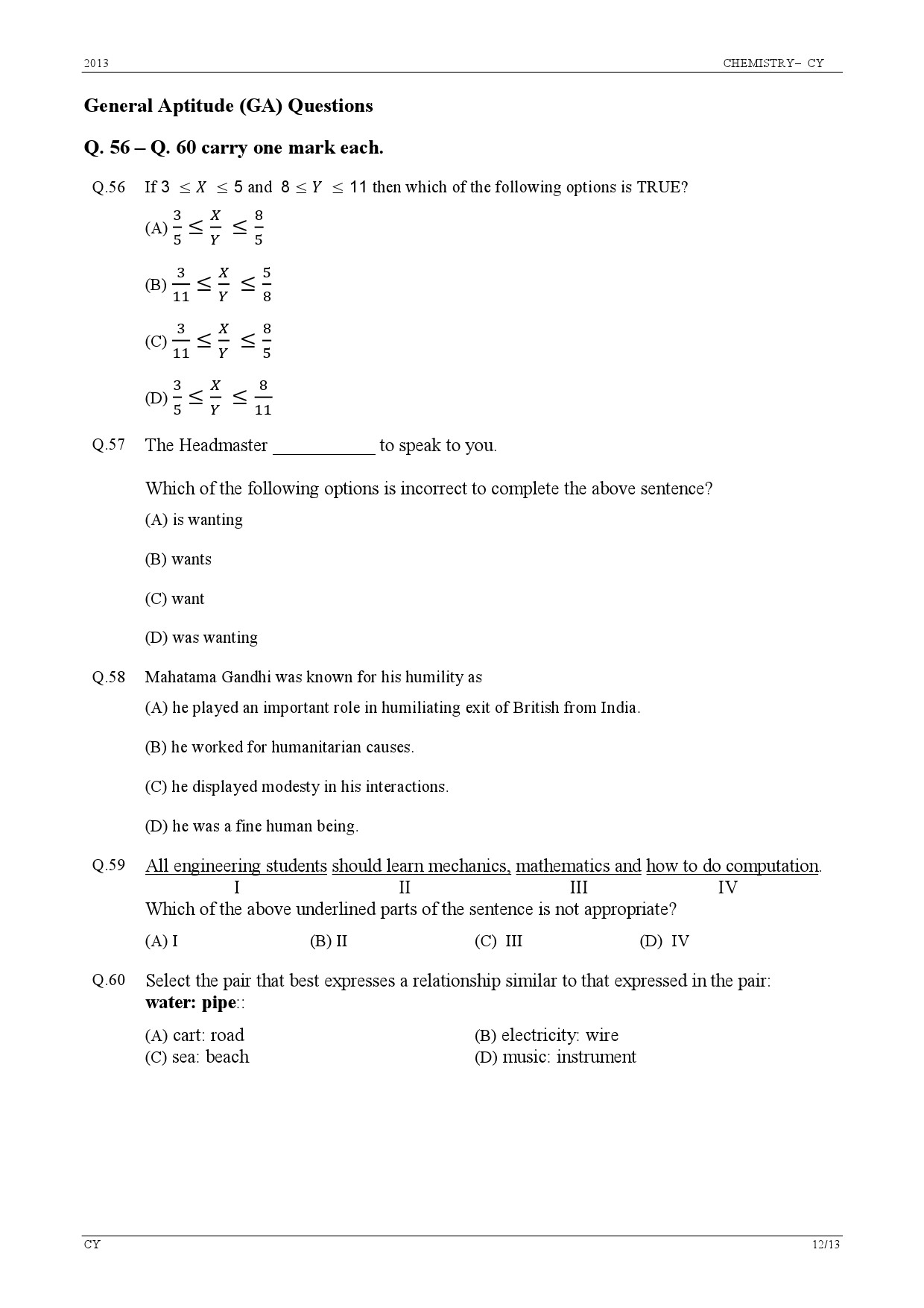 GATE Exam Question Paper 2013 Chemistry 12