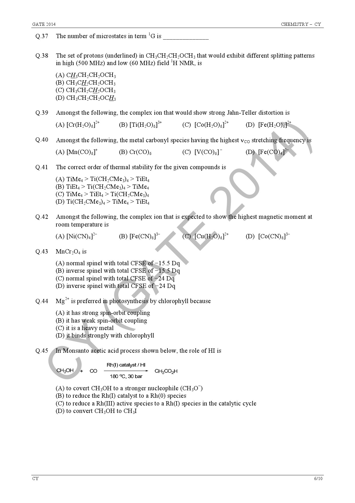 GATE Exam Question Paper 2014 Chemistry 12