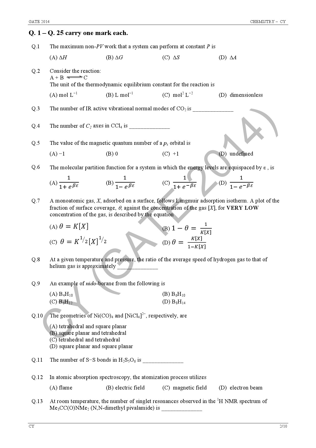 GATE Exam Question Paper 2014 Chemistry 8