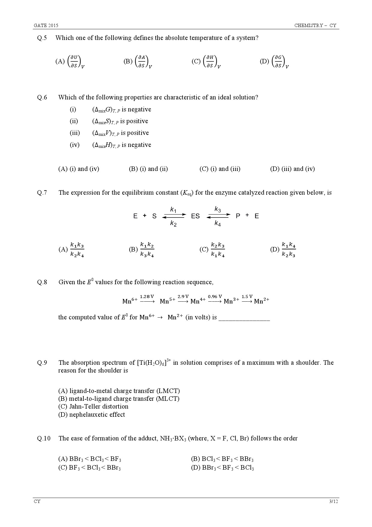 GATE Exam Question Paper 2015 Chemistry 3