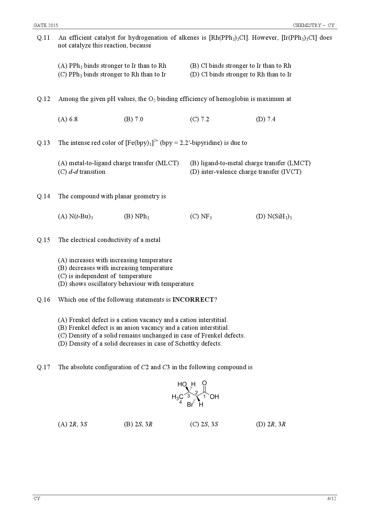 GATE Exam Question Paper 2015 Chemistry 4