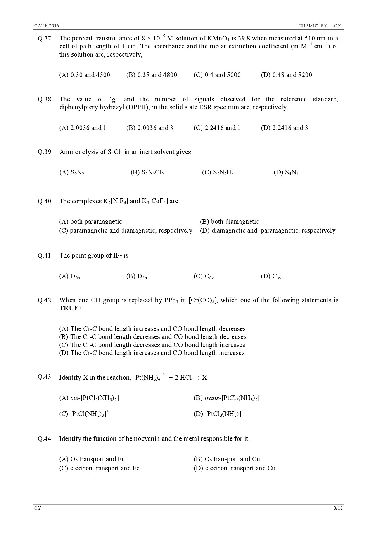GATE Exam Question Paper 2015 Chemistry 8