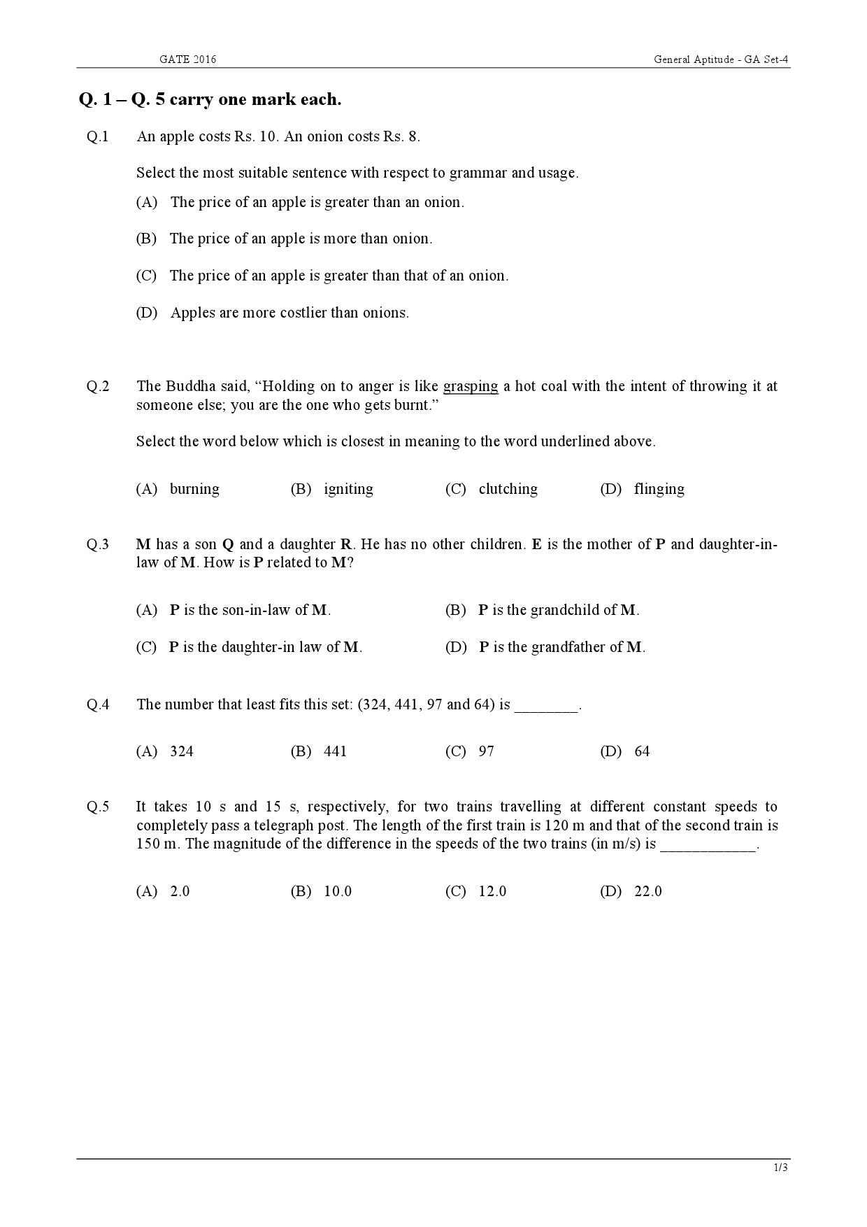 GATE Exam Question Paper 2016 Chemistry 1