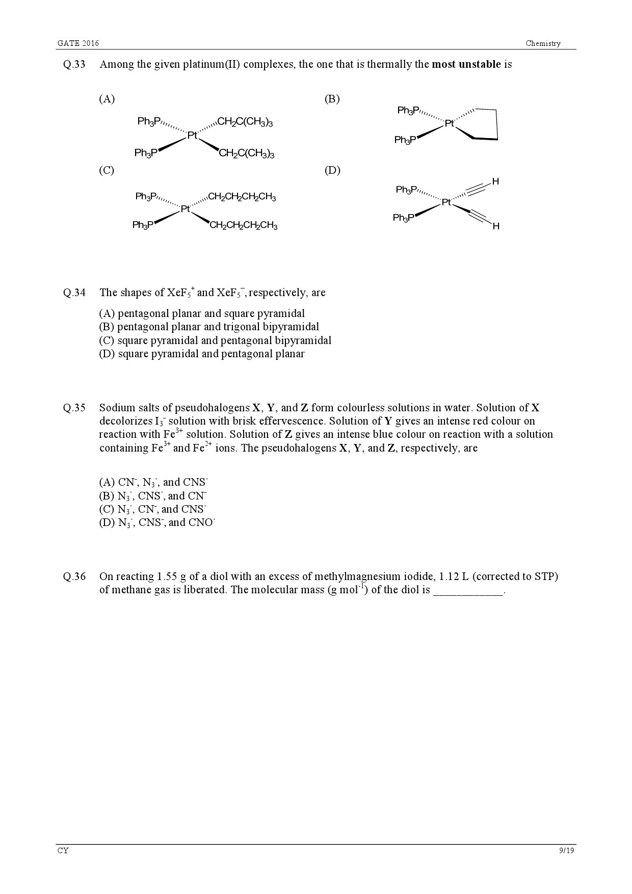 GATE Exam Question Paper 2016 Chemistry 12