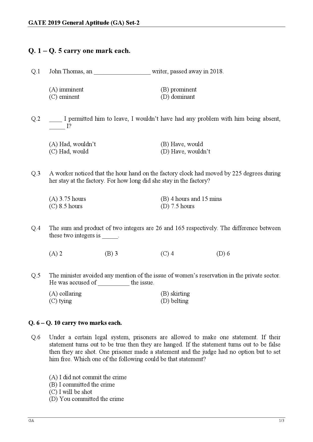 GATE Exam Question Paper 2019 Chemistry 1