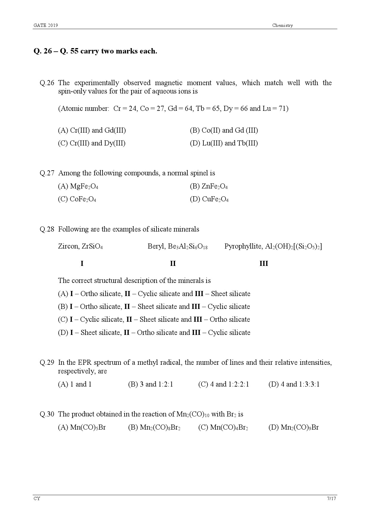 GATE Exam Question Paper 2019 Chemistry 10