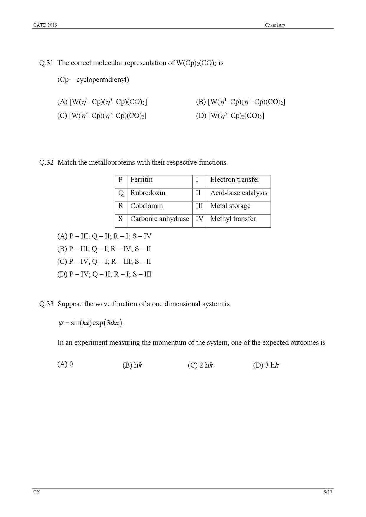 GATE Exam Question Paper 2019 Chemistry 11