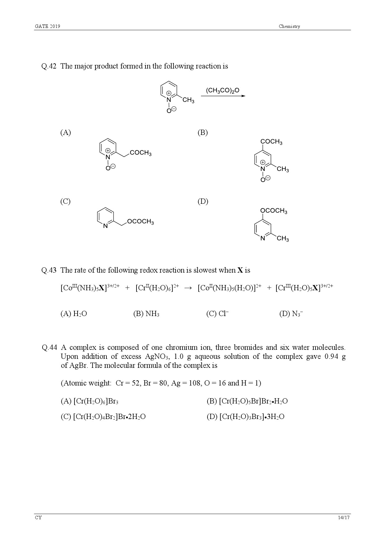 GATE Exam Question Paper 2019 Chemistry 17