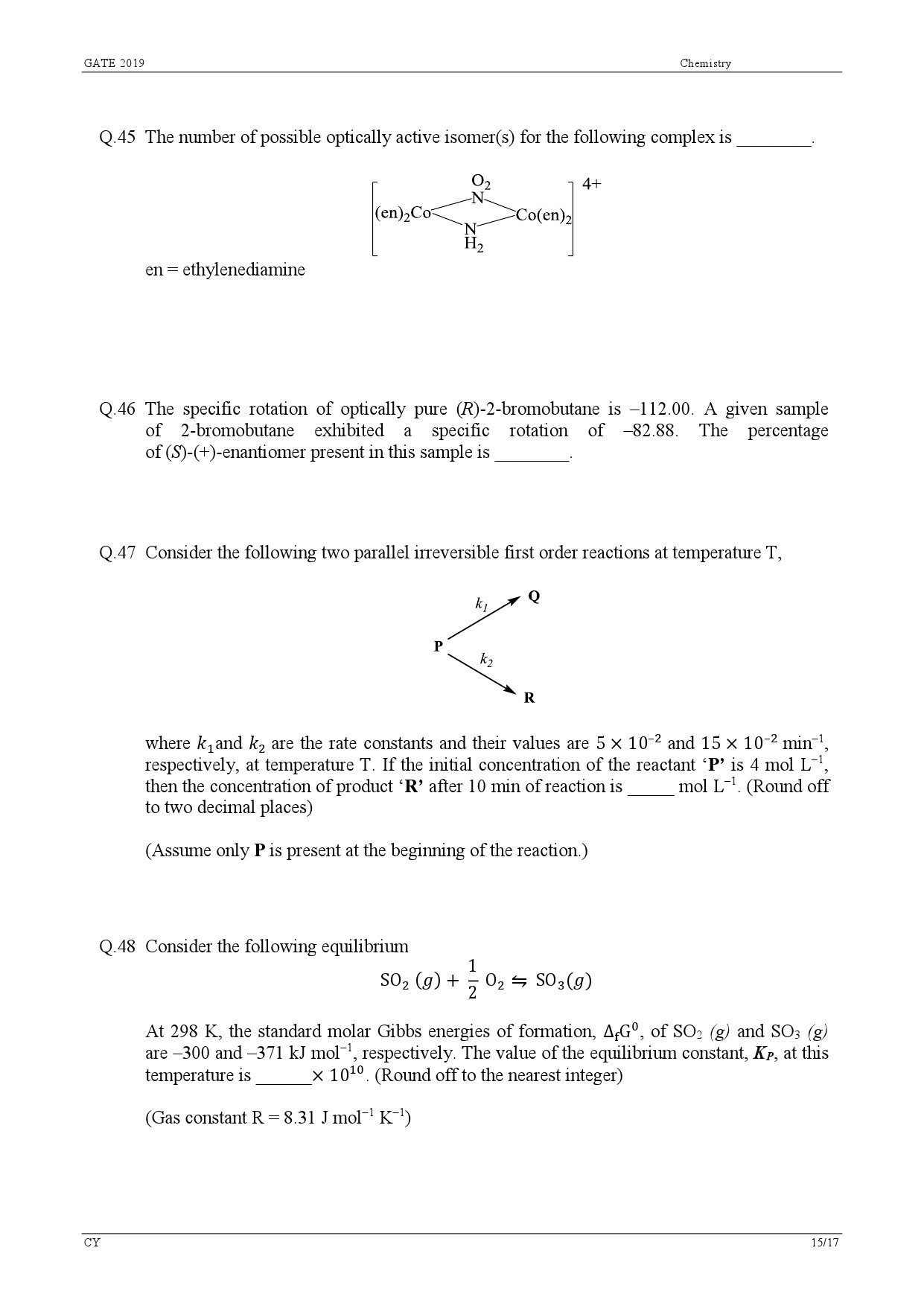 GATE Exam Question Paper 2019 Chemistry 18