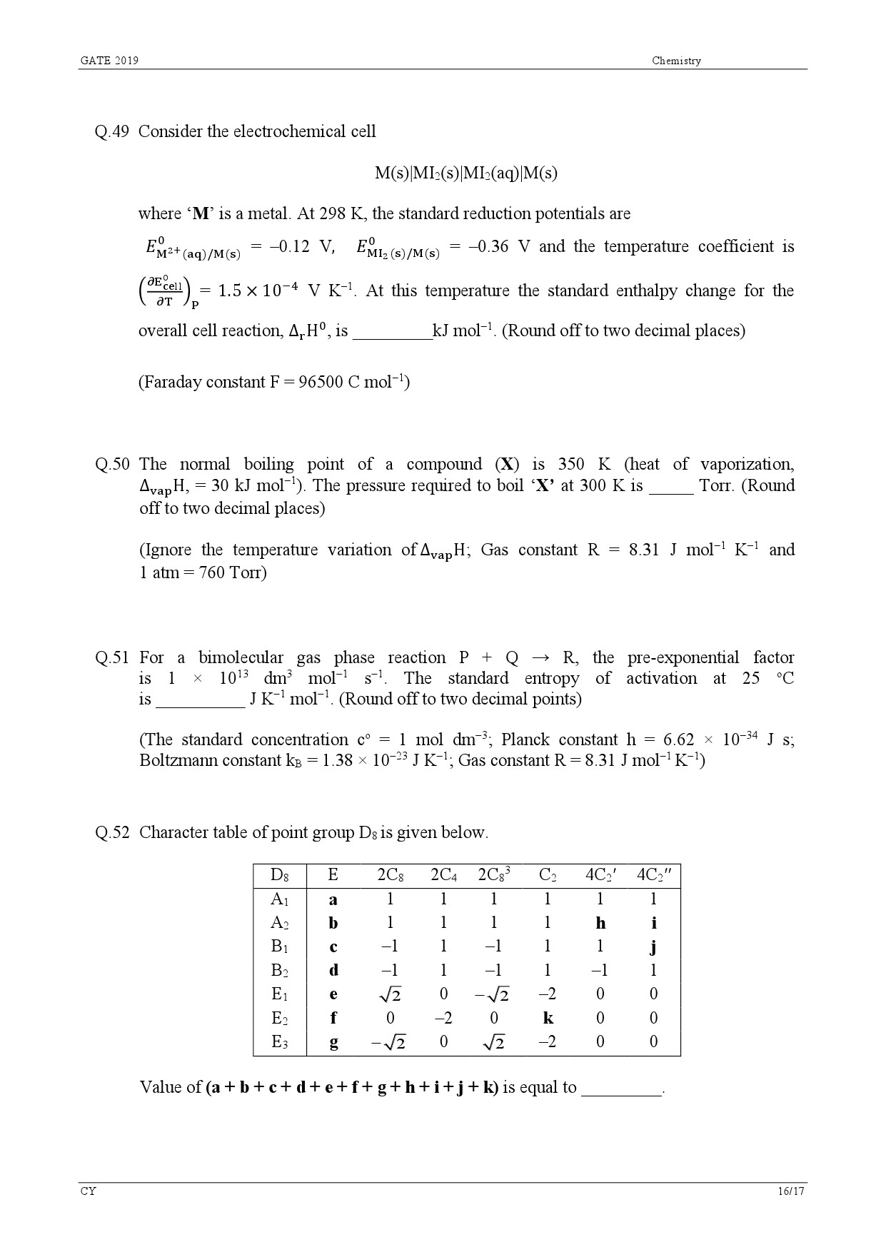 GATE Exam Question Paper 2019 Chemistry 19