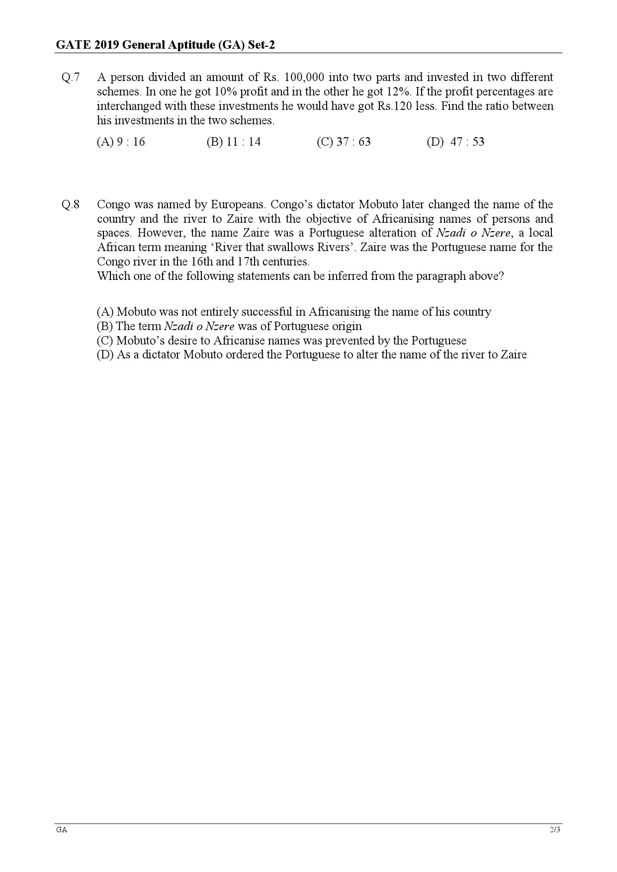 GATE Exam Question Paper 2019 Chemistry 2