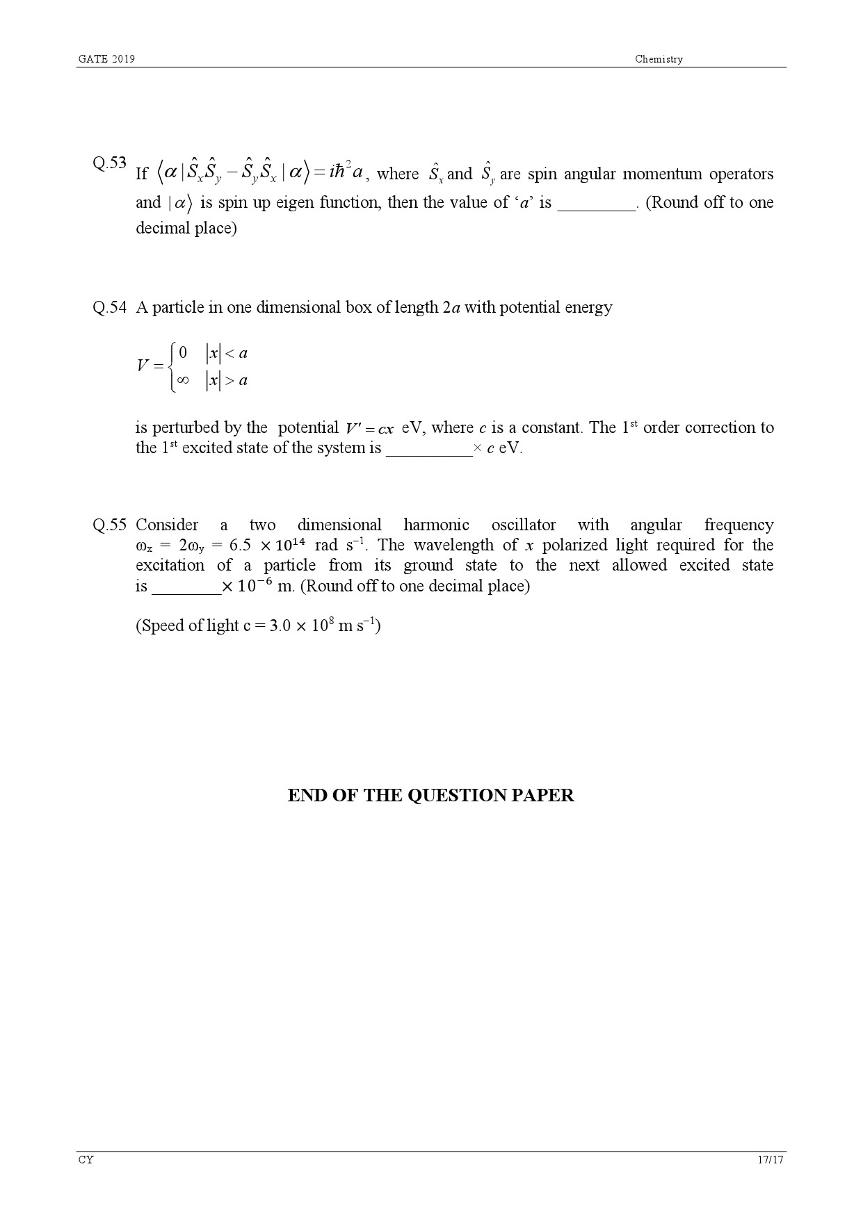 GATE Exam Question Paper 2019 Chemistry 20