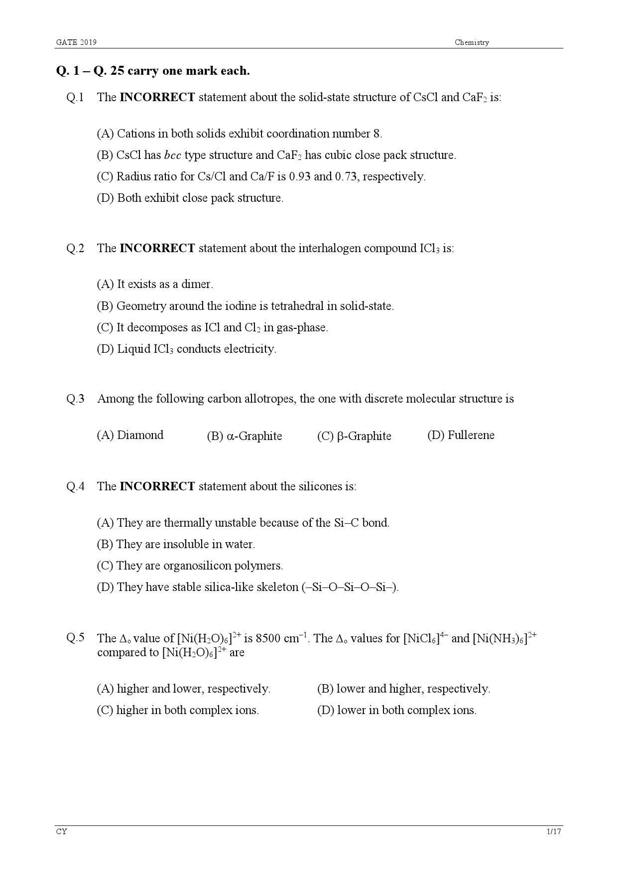 GATE Exam Question Paper 2019 Chemistry 4