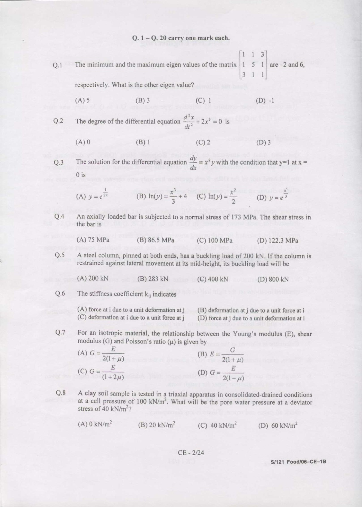 GATE Exam Question Paper 2007 Civil Engineering 2