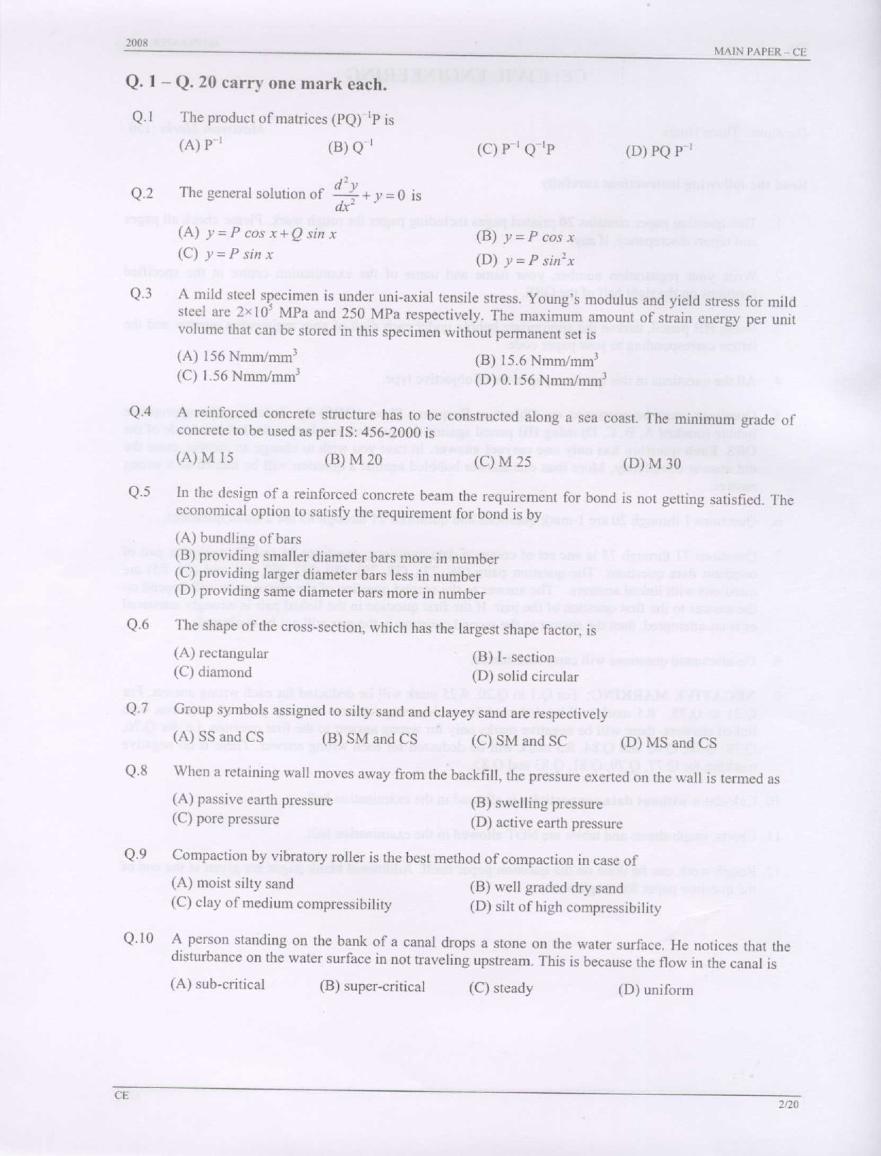GATE Exam Question Paper 2008 Civil Engineering 2
