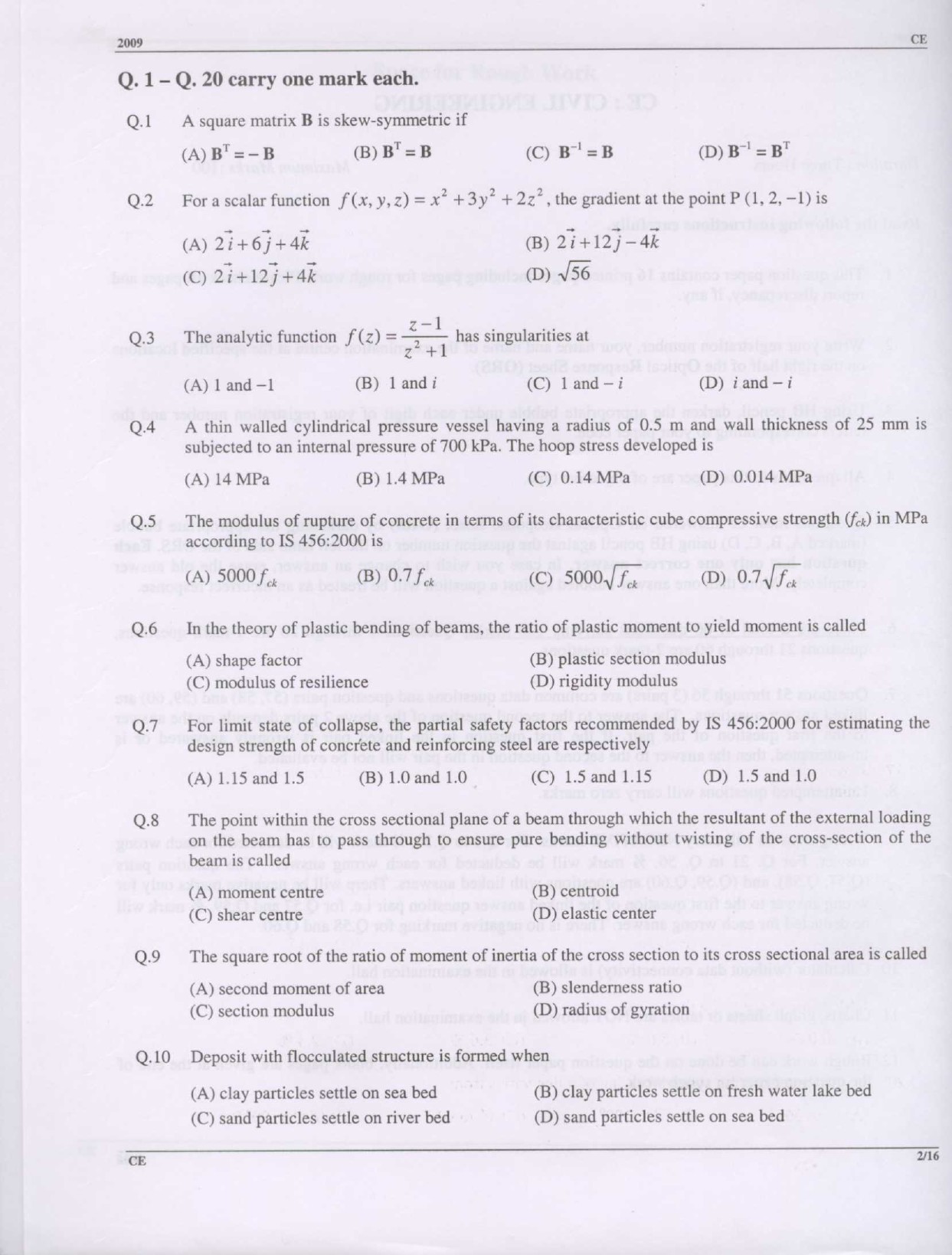 GATE Exam Question Paper 2009 Civil Engineering 2