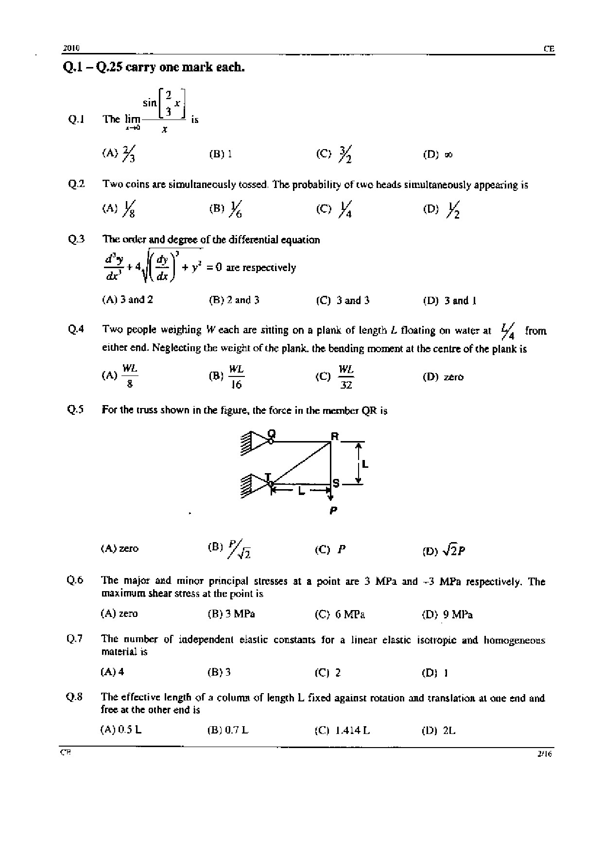 GATE Exam Question Paper 2010 Civil Engineering 2